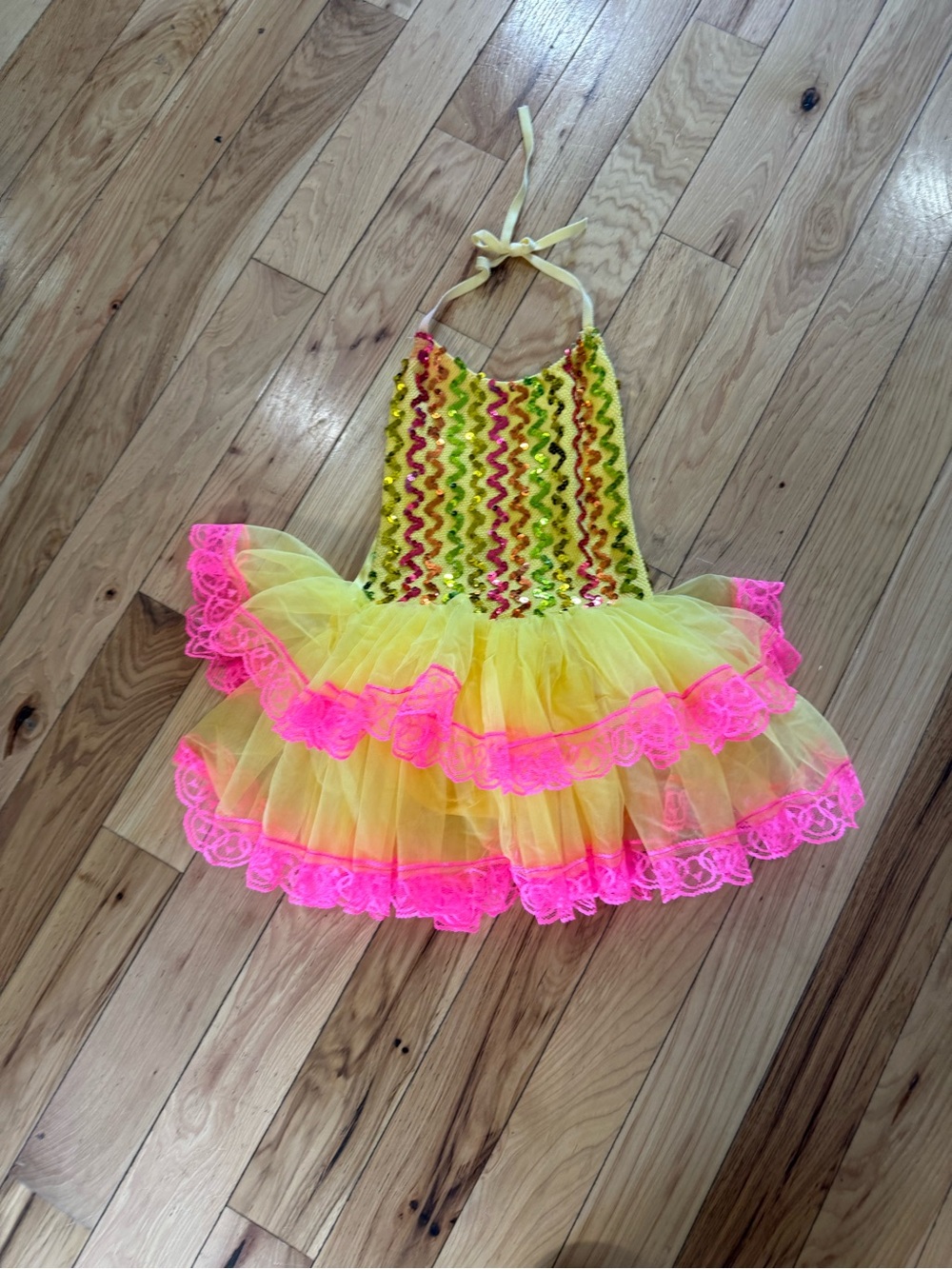 Leos dancewear Neon Yellow & Hot Pink Sequin Halter Tulle Dress
